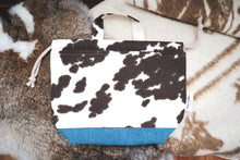 Load image into Gallery viewer, Cow Print + Denim - Sock Sized Project Bag
